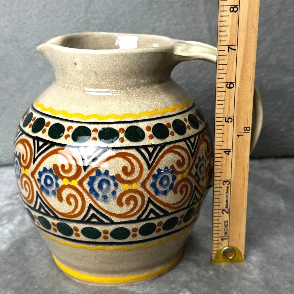 Vintage Mexican Folk Art Pottery Pitcher Tonala Style Hand Painted Ceramic Jug
